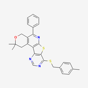 molecular formula C28H25N3OS2 B11452728 4,4-dimethyl-13-[(4-methylphenyl)methylsulfanyl]-8-phenyl-5-oxa-11-thia-9,14,16-triazatetracyclo[8.7.0.02,7.012,17]heptadeca-1(10),2(7),8,12(17),13,15-hexaene 