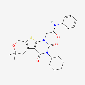 molecular formula C25H29N3O4S B11452732 2-(4-cyclohexyl-12,12-dimethyl-3,5-dioxo-11-oxa-8-thia-4,6-diazatricyclo[7.4.0.02,7]trideca-1(9),2(7)-dien-6-yl)-N-phenylacetamide 