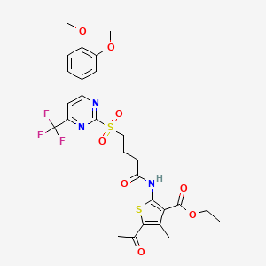 molecular formula C27H28F3N3O8S2 B11452776 Ethyl 5-acetyl-2-[(4-{[4-(3,4-dimethoxyphenyl)-6-(trifluoromethyl)pyrimidin-2-yl]sulfonyl}butanoyl)amino]-4-methylthiophene-3-carboxylate 