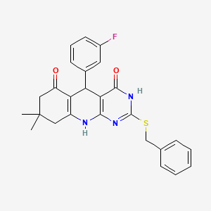 molecular formula C26H24FN3O2S B11452793 2-(benzylsulfanyl)-5-(3-fluorophenyl)-8,8-dimethyl-5,8,9,10-tetrahydropyrimido[4,5-b]quinoline-4,6(3H,7H)-dione 