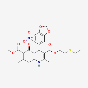 molecular formula C25H28N2O9S B11452821 3-[2-(Ethylsulfanyl)ethyl] 6-methyl 2,7-dimethyl-4-(6-nitro-1,3-benzodioxol-5-yl)-5-oxo-1,4,5,6,7,8-hexahydroquinoline-3,6-dicarboxylate 