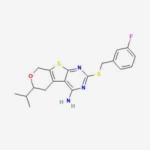 molecular formula C19H20FN3OS2 B11452881 5-[(3-fluorophenyl)methylsulfanyl]-12-propan-2-yl-11-oxa-8-thia-4,6-diazatricyclo[7.4.0.02,7]trideca-1(9),2,4,6-tetraen-3-amine 