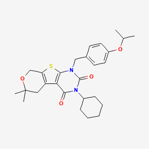 4-cyclohexyl-12,12-dimethyl-6-[(4-propan-2-yloxyphenyl)methyl]-11-oxa-8-thia-4,6-diazatricyclo[7.4.0.02,7]trideca-1(9),2(7)-diene-3,5-dione