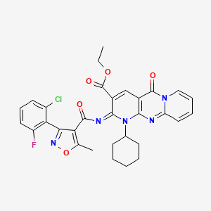 molecular formula C31H27ClFN5O5 B11453082 ethyl 6-[3-(2-chloro-6-fluorophenyl)-5-methyl-1,2-oxazole-4-carbonyl]imino-7-cyclohexyl-2-oxo-1,7,9-triazatricyclo[8.4.0.03,8]tetradeca-3(8),4,9,11,13-pentaene-5-carboxylate 