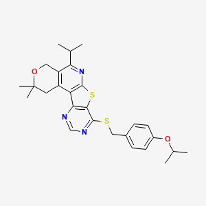 molecular formula C27H31N3O2S2 B11453137 4,4-dimethyl-8-propan-2-yl-13-[(4-propan-2-yloxyphenyl)methylsulfanyl]-5-oxa-11-thia-9,14,16-triazatetracyclo[8.7.0.02,7.012,17]heptadeca-1(10),2(7),8,12(17),13,15-hexaene 