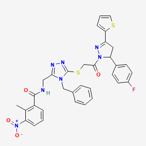 molecular formula C33H28FN7O4S2 B11453430 N-((4-benzyl-5-((2-(5-(4-fluorophenyl)-3-(thiophen-2-yl)-4,5-dihydro-1H-pyrazol-1-yl)-2-oxoethyl)thio)-4H-1,2,4-triazol-3-yl)methyl)-2-methyl-3-nitrobenzamide 