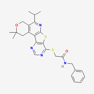 molecular formula C26H28N4O2S2 B11453473 N-benzyl-2-[(4,4-dimethyl-8-propan-2-yl-5-oxa-11-thia-9,14,16-triazatetracyclo[8.7.0.02,7.012,17]heptadeca-1(10),2(7),8,12(17),13,15-hexaen-13-yl)sulfanyl]acetamide 