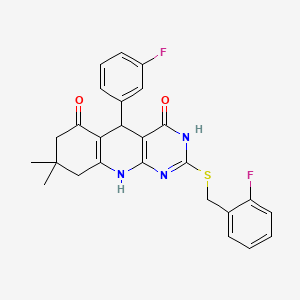 2-((2-fluorobenzyl)thio)-5-(3-fluorophenyl)-8,8-dimethyl-7,8,9,10-tetrahydropyrimido[4,5-b]quinoline-4,6(3H,5H)-dione