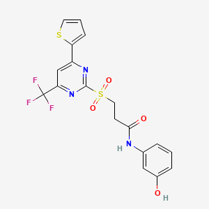 molecular formula C18H14F3N3O4S2 B11453810 N-(3-hydroxyphenyl)-3-{[4-(thiophen-2-yl)-6-(trifluoromethyl)pyrimidin-2-yl]sulfonyl}propanamide 