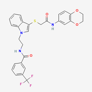 molecular formula C28H24F3N3O4S B11453894 N-[2-(3-{[2-(2,3-dihydro-1,4-benzodioxin-6-ylamino)-2-oxoethyl]sulfanyl}-1H-indol-1-yl)ethyl]-3-(trifluoromethyl)benzamide 