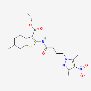 molecular formula C21H28N4O5S B11453947 ethyl 2-{[4-(3,5-dimethyl-4-nitro-1H-pyrazol-1-yl)butanoyl]amino}-6-methyl-4,5,6,7-tetrahydro-1-benzothiophene-3-carboxylate 