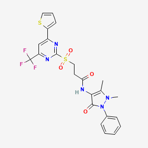 molecular formula C23H20F3N5O4S2 B11454016 N-(1,5-dimethyl-3-oxo-2-phenyl-2,3-dihydro-1H-pyrazol-4-yl)-3-{[4-(thiophen-2-yl)-6-(trifluoromethyl)pyrimidin-2-yl]sulfonyl}propanamide 