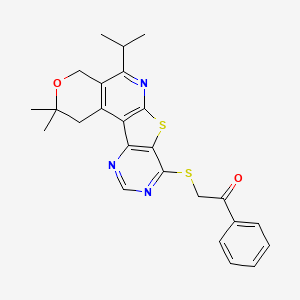 molecular formula C25H25N3O2S2 B11454108 2-[(4,4-dimethyl-8-propan-2-yl-5-oxa-11-thia-9,14,16-triazatetracyclo[8.7.0.02,7.012,17]heptadeca-1(10),2(7),8,12(17),13,15-hexaen-13-yl)sulfanyl]-1-phenylethanone 