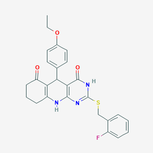 molecular formula C26H24FN3O3S B11454269 5-(4-ethoxyphenyl)-2-[(2-fluorobenzyl)sulfanyl]-5,8,9,10-tetrahydropyrimido[4,5-b]quinoline-4,6(3H,7H)-dione 