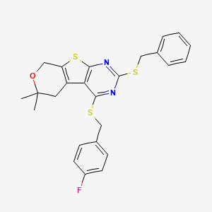 molecular formula C25H23FN2OS3 B11454301 5-benzylsulfanyl-3-[(4-fluorophenyl)methylsulfanyl]-12,12-dimethyl-11-oxa-8-thia-4,6-diazatricyclo[7.4.0.02,7]trideca-1(9),2(7),3,5-tetraene 