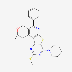 molecular formula C26H28N4OS2 B11454375 4,4-dimethyl-15-methylsulfanyl-8-phenyl-13-piperidin-1-yl-5-oxa-11-thia-9,14,16-triazatetracyclo[8.7.0.02,7.012,17]heptadeca-1(10),2(7),8,12(17),13,15-hexaene 