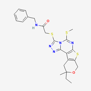 molecular formula C23H25N5O2S3 B11455123 N-benzyl-2-[(14-ethyl-14-methyl-7-methylsulfanyl-13-oxa-10-thia-3,4,6,8-tetrazatetracyclo[7.7.0.02,6.011,16]hexadeca-1(9),2,4,7,11(16)-pentaen-5-yl)sulfanyl]acetamide 