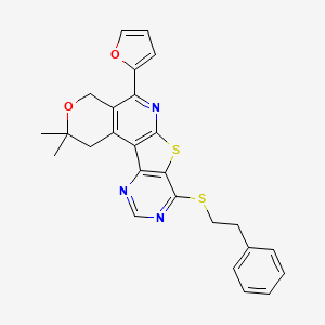 8-(furan-2-yl)-4,4-dimethyl-13-(2-phenylethylsulfanyl)-5-oxa-11-thia-9,14,16-triazatetracyclo[8.7.0.02,7.012,17]heptadeca-1(10),2(7),8,12(17),13,15-hexaene