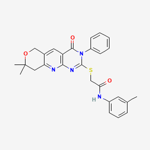 2-[(13,13-dimethyl-7-oxo-6-phenyl-12-oxa-2,4,6-triazatricyclo[8.4.0.03,8]tetradeca-1,3(8),4,9-tetraen-5-yl)sulfanyl]-N-(3-methylphenyl)acetamide