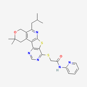 2-[[4,4-dimethyl-8-(2-methylpropyl)-5-oxa-11-thia-9,14,16-triazatetracyclo[8.7.0.02,7.012,17]heptadeca-1(10),2(7),8,12(17),13,15-hexaen-13-yl]sulfanyl]-N-pyridin-2-ylacetamide