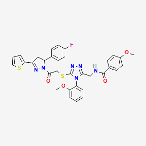 molecular formula C33H29FN6O4S2 B11455692 N-((5-((2-(5-(4-fluorophenyl)-3-(thiophen-2-yl)-4,5-dihydro-1H-pyrazol-1-yl)-2-oxoethyl)thio)-4-(2-methoxyphenyl)-4H-1,2,4-triazol-3-yl)methyl)-4-methoxybenzamide 