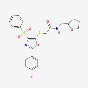 molecular formula C22H21FN2O5S2 B11455695 2-{[2-(4-fluorophenyl)-4-(phenylsulfonyl)-1,3-oxazol-5-yl]thio}-N-(tetrahydrofuran-2-ylmethyl)acetamide 