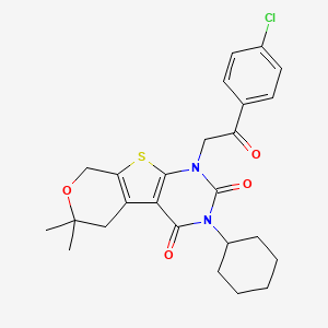 molecular formula C25H27ClN2O4S B11455708 6-[2-(4-chlorophenyl)-2-oxoethyl]-4-cyclohexyl-12,12-dimethyl-11-oxa-8-thia-4,6-diazatricyclo[7.4.0.02,7]trideca-1(9),2(7)-diene-3,5-dione 