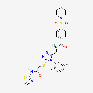 molecular formula C28H31N7O4S3 B11455835 N-{[4-(2,5-Dimethylphenyl)-5-({[(1,3-thiazol-2-YL)carbamoyl]methyl}sulfanyl)-4H-1,2,4-triazol-3-YL]methyl}-4-(piperidine-1-sulfonyl)benzamide 