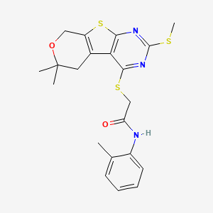 2-[(12,12-dimethyl-5-methylsulfanyl-11-oxa-8-thia-4,6-diazatricyclo[7.4.0.02,7]trideca-1(9),2(7),3,5-tetraen-3-yl)sulfanyl]-N-(2-methylphenyl)acetamide