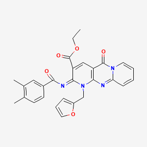 molecular formula C28H24N4O5 B11455983 ethyl 6-(3,4-dimethylbenzoyl)imino-7-(furan-2-ylmethyl)-2-oxo-1,7,9-triazatricyclo[8.4.0.03,8]tetradeca-3(8),4,9,11,13-pentaene-5-carboxylate 