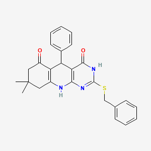 molecular formula C26H25N3O2S B11456128 2-(benzylsulfanyl)-8,8-dimethyl-5-phenyl-5,8,9,10-tetrahydropyrimido[4,5-b]quinoline-4,6(3H,7H)-dione 