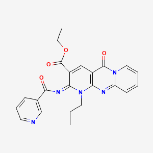 molecular formula C23H21N5O4 B11456258 ethyl 2-oxo-7-propyl-6-(pyridine-3-carbonylimino)-1,7,9-triazatricyclo[8.4.0.03,8]tetradeca-3(8),4,9,11,13-pentaene-5-carboxylate 