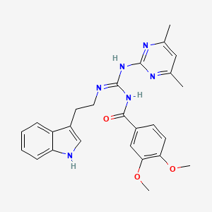 molecular formula C26H28N6O3 B11456360 N-[(E)-[(4,6-dimethylpyrimidin-2-yl)amino]{[2-(1H-indol-3-yl)ethyl]amino}methylidene]-3,4-dimethoxybenzamide 