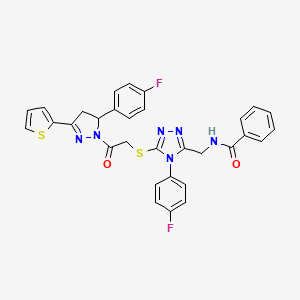 molecular formula C31H24F2N6O2S2 B11456363 N-{[4-(4-Fluorophenyl)-5-({2-[5-(4-fluorophenyl)-3-(thiophen-2-YL)-4,5-dihydro-1H-pyrazol-1-YL]-2-oxoethyl}sulfanyl)-4H-1,2,4-triazol-3-YL]methyl}benzamide 