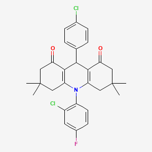 molecular formula C29H28Cl2FNO2 B11456375 10-(2-chloro-4-fluorophenyl)-9-(4-chlorophenyl)-3,3,6,6-tetramethyl-3,4,6,7,9,10-hexahydroacridine-1,8(2H,5H)-dione 