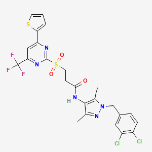 molecular formula C24H20Cl2F3N5O3S2 B11456411 N-[1-(3,4-dichlorobenzyl)-3,5-dimethyl-1H-pyrazol-4-yl]-3-{[4-(thiophen-2-yl)-6-(trifluoromethyl)pyrimidin-2-yl]sulfonyl}propanamide 