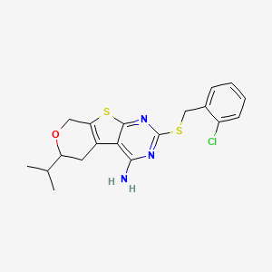 molecular formula C19H20ClN3OS2 B11456467 5-[(2-chlorophenyl)methylsulfanyl]-12-propan-2-yl-11-oxa-8-thia-4,6-diazatricyclo[7.4.0.02,7]trideca-1(9),2,4,6-tetraen-3-amine 