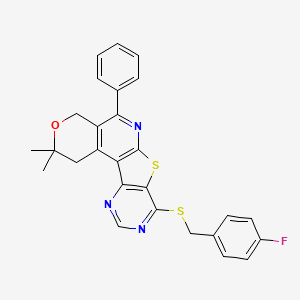 13-[(4-fluorophenyl)methylsulfanyl]-4,4-dimethyl-8-phenyl-5-oxa-11-thia-9,14,16-triazatetracyclo[8.7.0.02,7.012,17]heptadeca-1(10),2(7),8,12(17),13,15-hexaene