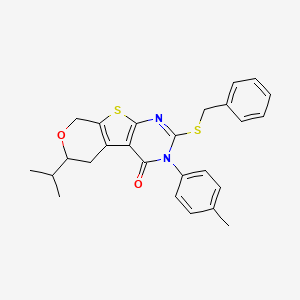 molecular formula C26H26N2O2S2 B11456944 5-benzylsulfanyl-4-(4-methylphenyl)-12-propan-2-yl-11-oxa-8-thia-4,6-diazatricyclo[7.4.0.02,7]trideca-1(9),2(7),5-trien-3-one 