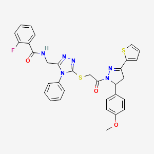 molecular formula C32H27FN6O3S2 B11457031 2-Fluoro-N-{[5-({2-[5-(4-methoxyphenyl)-3-(thiophen-2-YL)-4,5-dihydro-1H-pyrazol-1-YL]-2-oxoethyl}sulfanyl)-4-phenyl-4H-1,2,4-triazol-3-YL]methyl}benzamide 