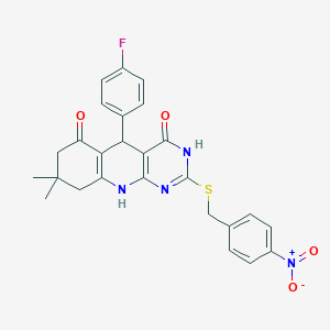 5-(4-fluorophenyl)-8,8-dimethyl-2-((4-nitrobenzyl)thio)-7,8,9,10-tetrahydropyrimido[4,5-b]quinoline-4,6(3H,5H)-dione