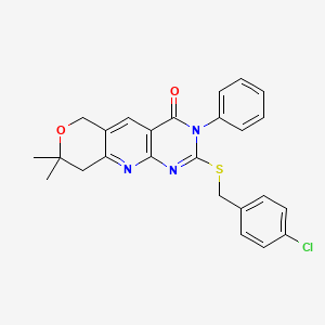 molecular formula C25H22ClN3O2S B11457058 5-[(4-chlorophenyl)methylsulfanyl]-13,13-dimethyl-6-phenyl-12-oxa-2,4,6-triazatricyclo[8.4.0.03,8]tetradeca-1,3(8),4,9-tetraen-7-one 