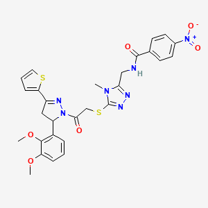 molecular formula C28H27N7O6S2 B11457305 N-((5-((2-(5-(2,3-dimethoxyphenyl)-3-(thiophen-2-yl)-4,5-dihydro-1H-pyrazol-1-yl)-2-oxoethyl)thio)-4-methyl-4H-1,2,4-triazol-3-yl)methyl)-4-nitrobenzamide 