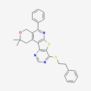 4,4-dimethyl-8-phenyl-13-(2-phenylethylsulfanyl)-5-oxa-11-thia-9,14,16-triazatetracyclo[8.7.0.02,7.012,17]heptadeca-1(10),2(7),8,12(17),13,15-hexaene