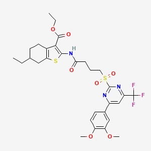 Ethyl 2-[(4-{[4-(3,4-dimethoxyphenyl)-6-(trifluoromethyl)pyrimidin-2-yl]sulfonyl}butanoyl)amino]-6-ethyl-4,5,6,7-tetrahydro-1-benzothiophene-3-carboxylate