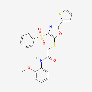 molecular formula C22H18N2O5S3 B11457788 2-{[4-(benzenesulfonyl)-2-(thiophen-2-yl)-1,3-oxazol-5-yl]sulfanyl}-N-(2-methoxyphenyl)acetamide 