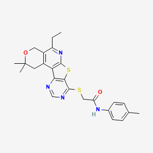 2-[(8-ethyl-4,4-dimethyl-5-oxa-11-thia-9,14,16-triazatetracyclo[8.7.0.02,7.012,17]heptadeca-1(10),2(7),8,12(17),13,15-hexaen-13-yl)sulfanyl]-N-(4-methylphenyl)acetamide