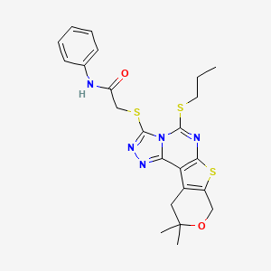 2-[(14,14-dimethyl-7-propylsulfanyl-13-oxa-10-thia-3,4,6,8-tetrazatetracyclo[7.7.0.02,6.011,16]hexadeca-1(9),2,4,7,11(16)-pentaen-5-yl)sulfanyl]-N-phenylacetamide