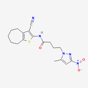 molecular formula C18H21N5O3S B11458320 N-(3-cyano-5,6,7,8-tetrahydro-4H-cyclohepta[b]thiophen-2-yl)-4-(5-methyl-3-nitro-1H-pyrazol-1-yl)butanamide 