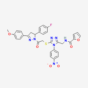 molecular formula C32H26FN7O6S B11458652 N-{[5-({2-[5-(4-Fluorophenyl)-3-(4-methoxyphenyl)-4,5-dihydro-1H-pyrazol-1-YL]-2-oxoethyl}sulfanyl)-4-(4-nitrophenyl)-4H-1,2,4-triazol-3-YL]methyl}furan-2-carboxamide 